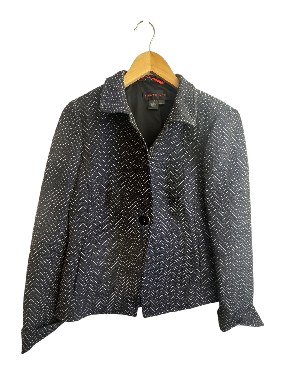 NINA MCLEMORE Blazer Jacket 6 Black Chevron Silk-Lined 1 Button